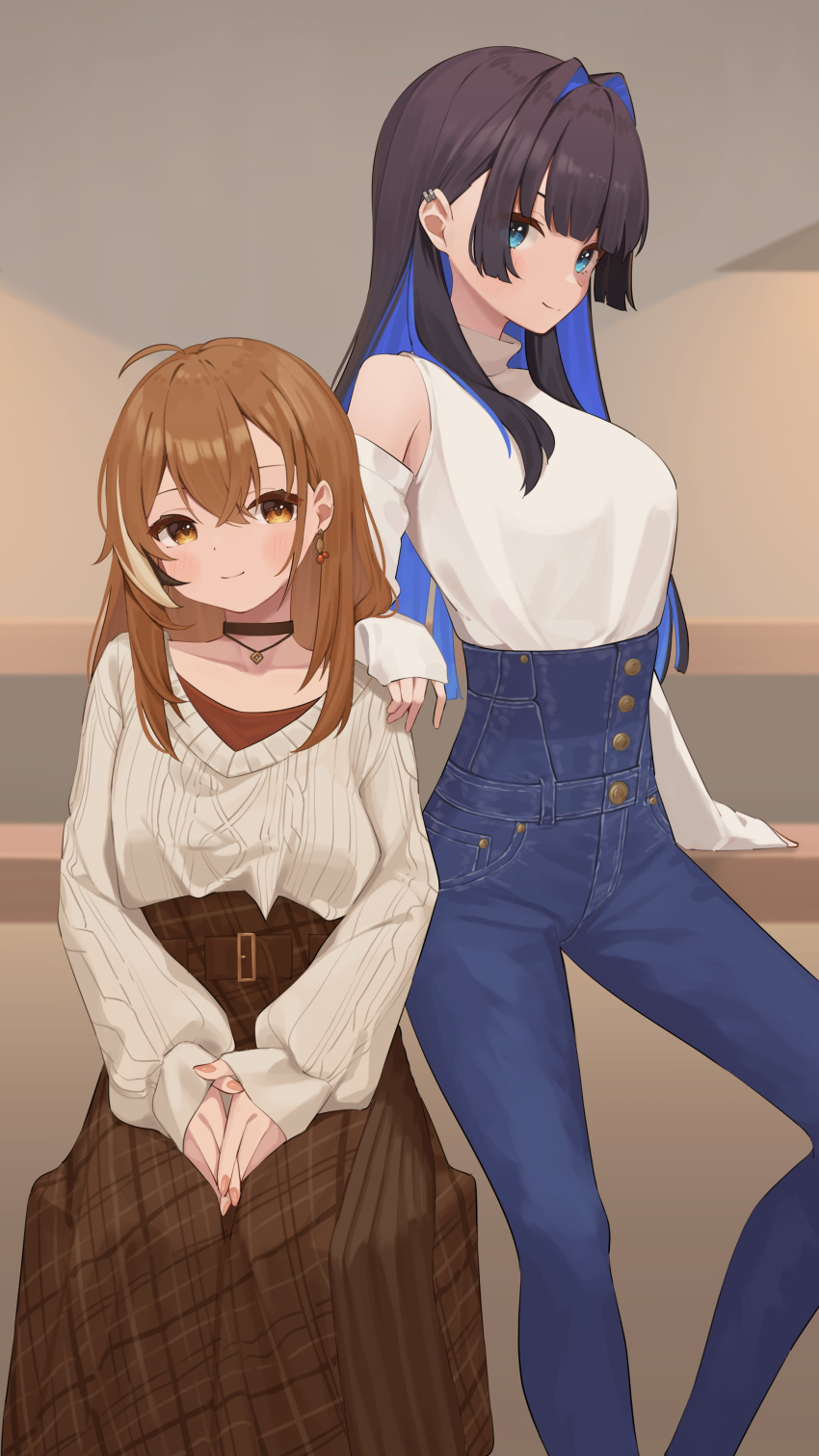 2girls absurdres ahoge belt berry black_choker blue_hair blunt_bangs brown_eyes brown_hair brown_skirt choker denim detached_sleeves earrings food-themed_earrings hair_intakes high-waist_pants highres hime_cut hololive hololive_english jeans jewelry long_hair long_skirt long_sleeves looking_at_viewer multicolored_hair multiple_girls nanashi_mumei necklace official_alternate_costume ouro_kronii oversized_clothes pants plaid plaid_skirt red_shirt runes shirt sidelocks sitting skirt sl10_d sleeves_past_wrists smile streaked_hair sweater very_long_hair virtual_youtuber white_shirt white_sweater