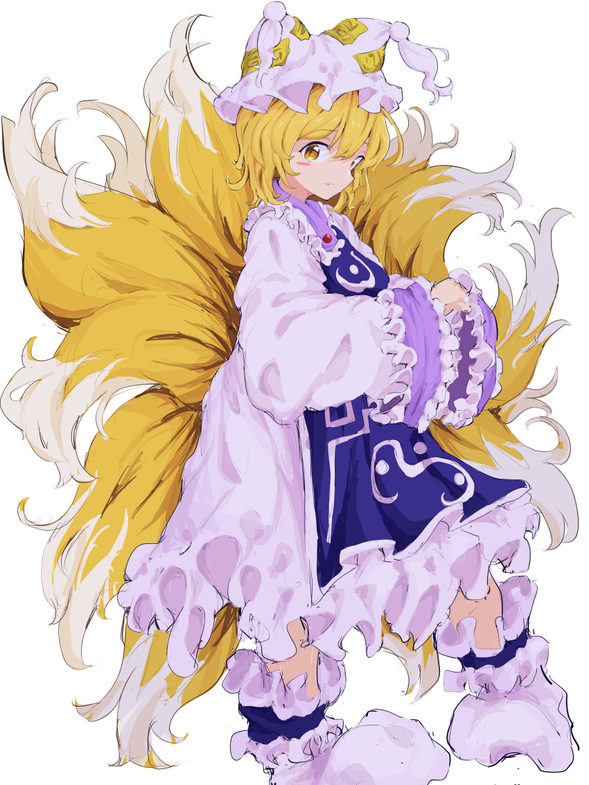1girl absurdres animal_ears animal_hat blonde_hair blush_stickers collar commentary dress fang fox_ears fox_tail frilled_collar frilled_sleeves frills hands_in_opposite_sleeves hat highres kitsune kyuubi looking_at_viewer mob_cap mugi_(mugimugi_9kv) multiple_tails short_hair solo tabard tail talisman tassel_hat_ornament touhou white_background wide_sleeves yakumo_ran