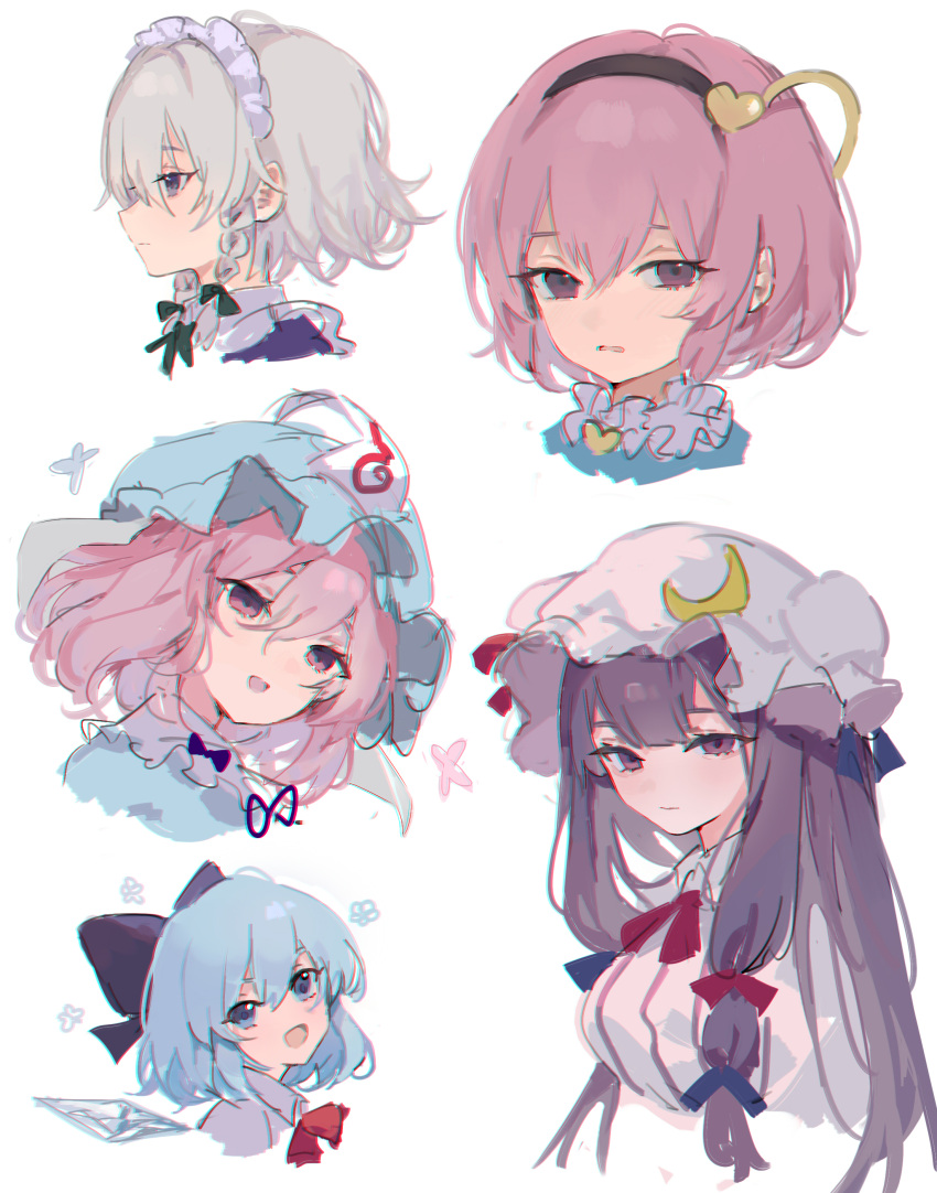 5girls :d absurdres black_hairband blue_bow blue_eyes blue_hair blue_ribbon bow braid cirno closed_mouth crescent crescent_hat_ornament detached_wings dress green_ribbon grey_hair hair_between_eyes hair_bow hair_ornament hair_ribbon hairband hat hat_ornament hat_ribbon heart heart_hair_ornament highres ice ice_wings izayoi_sakuya kani_nyan komeiji_satori long_hair looking_at_viewer looking_to_the_side maid_headdress mob_cap multiple_girls open_mouth patchouli_knowledge pink_eyes pink_hair purple_hair red_ribbon ribbon saigyouji_yuyuko short_hair simple_background sketch smile touhou triangular_headpiece twin_braids violet_eyes white_background white_dress white_headwear wings