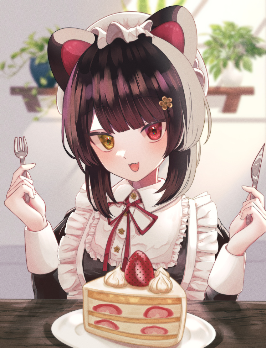 1girl :3 :d absurdres animal_ears apron arms_up black_dress black_hair blunt_bangs blurry blurry_background butter_knife cake cake_slice commentary depth_of_field dog_ears dog_girl dress fang film_grain flower food fork frilled_apron frills fruit hair_flower hair_ornament hair_up hat heterochromia highres holding holding_fork holding_knife indoors inui_toko kitsutsuki_tsuki knife light_rays long_sleeves looking_at_viewer maid mob_cap neck_ribbon nijisanji open_mouth plant plate potted_plant puffy_sleeves red_eyes red_ribbon ribbon sidelocks smile solo strawberry strawberry_shortcake sunbeam sunlight table upper_body virtual_youtuber w_arms white_apron