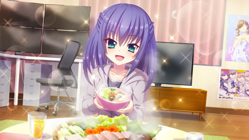 1girl aqua_eyes black_shirt blue_hair bowl cabinet collarbone cup dot_nose drinking_glass film_grain flat_screen_tv food food_request game_cg grey_hoodie group_name holding holding_bowl honjou_kasumi hood hoodie incoming_food izumi_tsubasu looking_at_viewer medium_hair monitor non-web_source official_art open_mouth orange_juice pink_curtains poster_(object) re:stage! round_table rug shirt smile solo sparkle swivel_chair table vegetable wooden_floor zipper