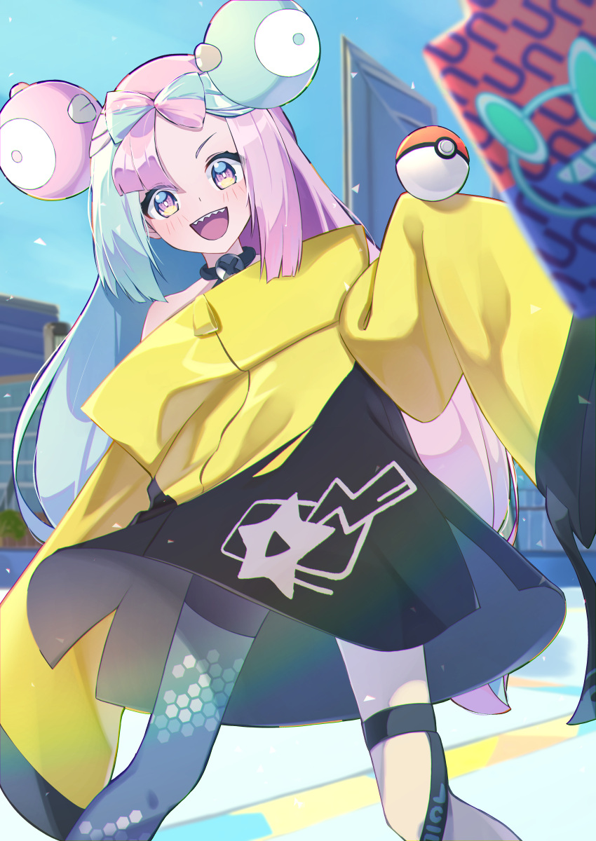 1girl :d absurdres bike_shorts blush commentary_request day green_hair grey_pantyhose hand_up happy highres iono_(pokemon) jacket legs_apart long_hair makasamalove multicolored_hair open_mouth outdoors pantyhose pink_hair poke_ball poke_ball_(basic) pokemon pokemon_(game) pokemon_sv rotom rotom_phone single_leg_pantyhose sky smile star_(symbol) star_print teeth thigh_strap tongue twintails two-tone_hair upper_teeth_only yellow_jacket