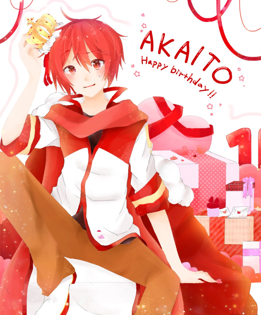 1boy akaito birthday brown_pants coat confused crown english_text furrowed_brow gift happy_birthday headwear_request heart highres holding holding_crown mail male_focus mini_crown omochi. pants red_eyes red_ribbon red_scarf red_theme redhead ribbon scarf shoes short_hair sitting sleeve_cuffs smile solo star_(symbol) streamers white_footwear