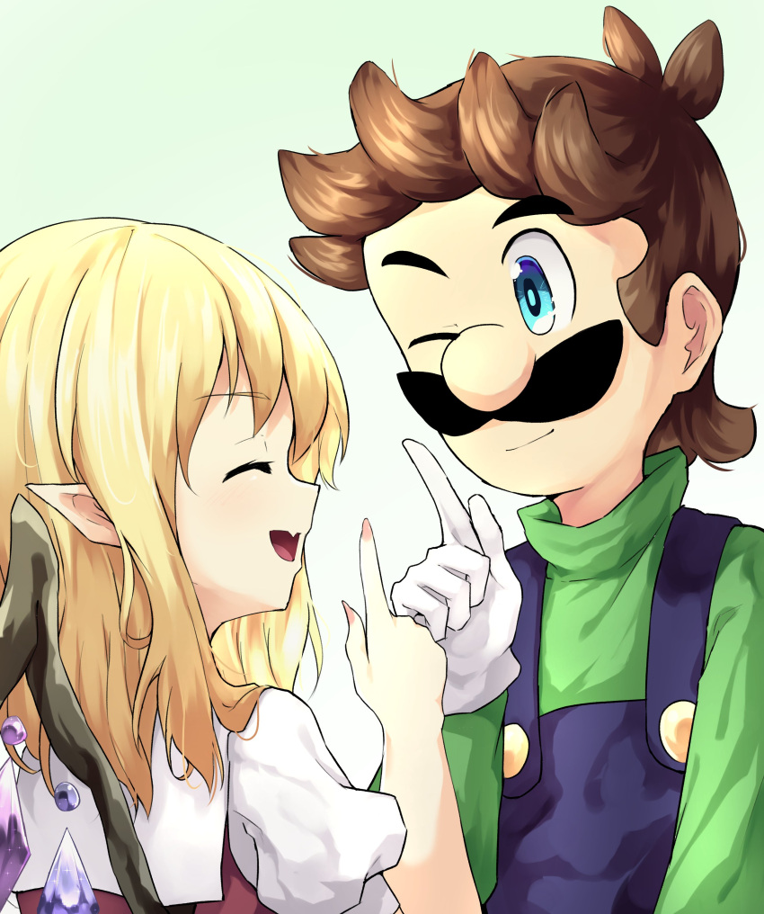 1boy 1girl ;) absurdres blonde_hair blue_eyes blue_overalls brown_hair closed_mouth commentary crystal english_commentary facial_hair fang flandre_scarlet gloves green_background highres index_finger_raised long_sleeves looking_at_another looking_at_viewer luigi mustache no_headwear one_eye_closed open_mouth overalls ruu_(ruigi12) short_sleeves skin_fang smile solo super_mario_bros. touhou upper_body white_gloves wings