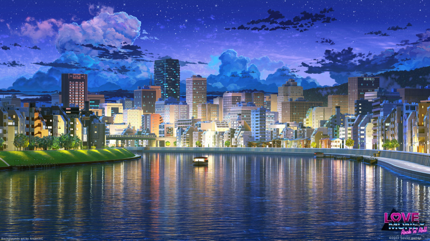arsenixc boat building city city_lights clouds copyright copyright_name dock gradient_sky highres logo love_money_rock'n'roll night night_sky no_humans outdoors river scenery sky star_(sky) starry_sky tree water watercraft