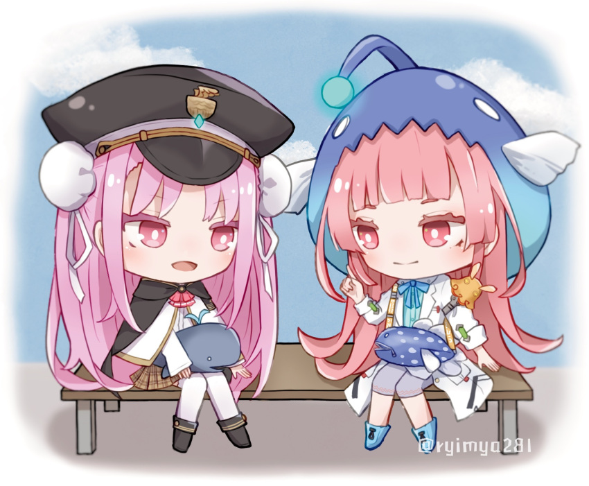 2girls blue_bow blue_bowtie blunt_bangs bow bowtie capelet chibi coat double_bun fish_hat hair_bun hat heaven_burns_red highres kunimi_tama military_hat multiple_girls pink_hair red_eyes skirt thigh-highs white_coat white_thighhighs