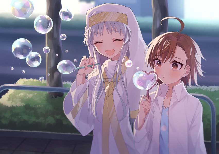 2girls :3 :d age_difference ahoge asymmetrical_bangs blowing blue_dress blurry blurry_background blush bob_cut brown_eyes brown_hair bubble bubble_blowing bubble_wand bush child closed_eyes coat commentary dress facing_viewer female_child foliage grey_hair habit heart height_difference highres holding holding_wand index_(toaru_majutsu_no_index) lab_coat last_order_(toaru_majutsu_no_index) long_hair long_sleeves looking_ahead looking_at_object multiple_girls nun open_clothes open_coat open_mouth outdoors polka_dot polka_dot_dress railing robe roruku safety_pin short_hair sidewalk smile soap_bubbles standing stone_floor toaru_kagaku_no_railgun toaru_majutsu_no_index tree upper_body wand white_coat white_headwear white_robe