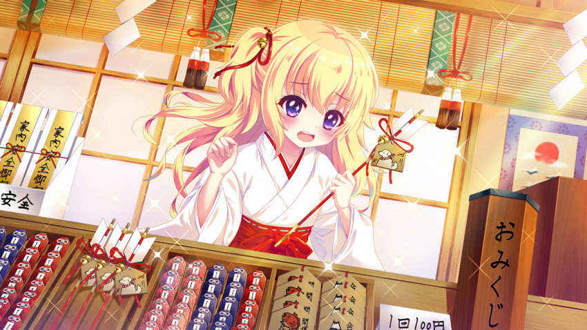1girl architecture arrow_(projectile) bell bird blinds blonde_hair charm_(object) dog dot_nose dutch_angle east_asian_architecture ema film_grain game_cg hakama hamaya hasegawa_mii indoors izumi_tsubasu japanese_clothes kimono lens_flare long_hair miko non-web_source official_art omamori open_mouth poster_(object) re:stage! red_ribbon red_skirt ribbon shop skirt solo sparkle sparkling_eyes teeth upper_teeth_only violet_eyes white_kimono window