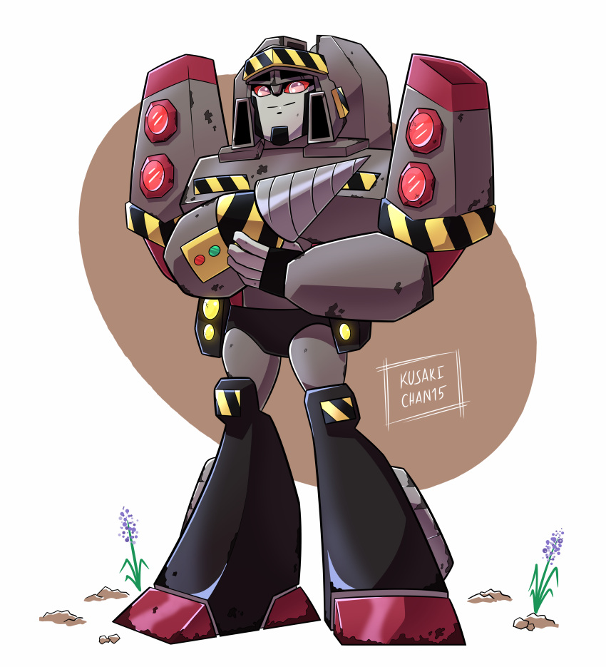 absurdres artist_name colored_sclera decepticon deformed drill english_commentary flower full_body hand_on_own_arm highres kusa_(kusakichan15) looking_at_viewer mecha megatron purple_flower red_eyes red_sclera robot smile solo standing transformers transformers_animated