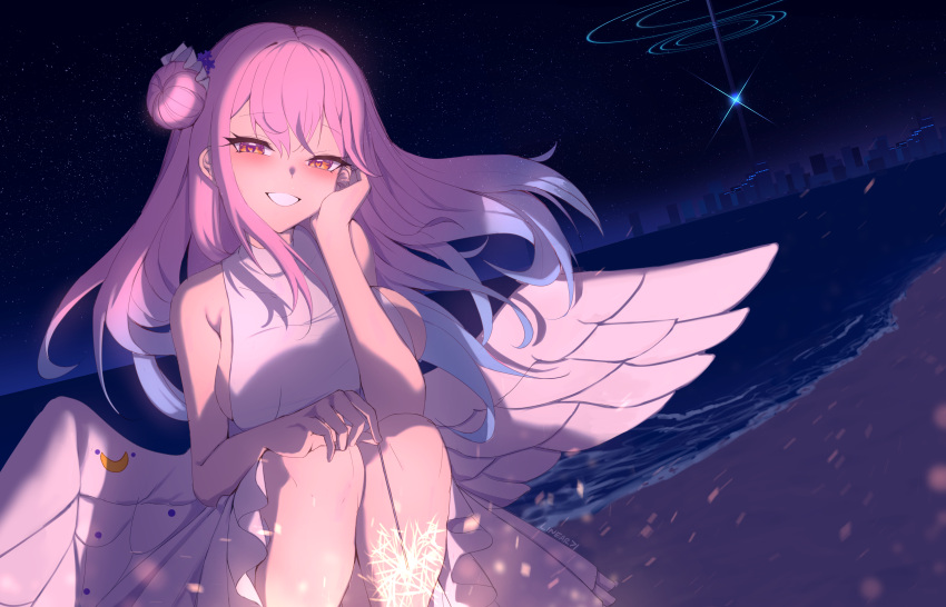 1girl absurdres angel_wings artist_name bare_arms bare_shoulders beach blue_archive blush breasts commentary dress feathered_wings flower gradient_hair hair_bun hair_flower hair_ornament heart heart_in_eye highres holding_fireworks knees_up large_breasts linear_71 long_hair looking_at_viewer low_wings mika_(blue_archive) multicolored_hair night orange_eyes pink_hair single_side_bun sitting sky sleeveless sleeveless_dress smile solo star_(sky) starry_sky symbol_in_eye teeth underbust white_dress white_wings wing_ornament wings