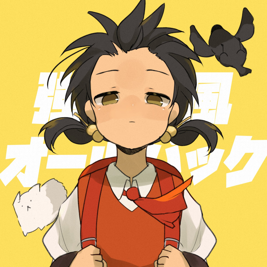 1girl backpack bag black_hair brown_eyes collared_shirt crown dress expressionless female_child floating_hair hair_bobbles hair_ornament half-closed_eyes highres jitome kaai_yuki kyoufuu_all_back_(vocaloid) mei_nicomei0204 neckerchief randoseru red_bag red_dress red_neckerchief shirt short_twintails solo twintails upper_body vocaloid white_dog wind yellow_background