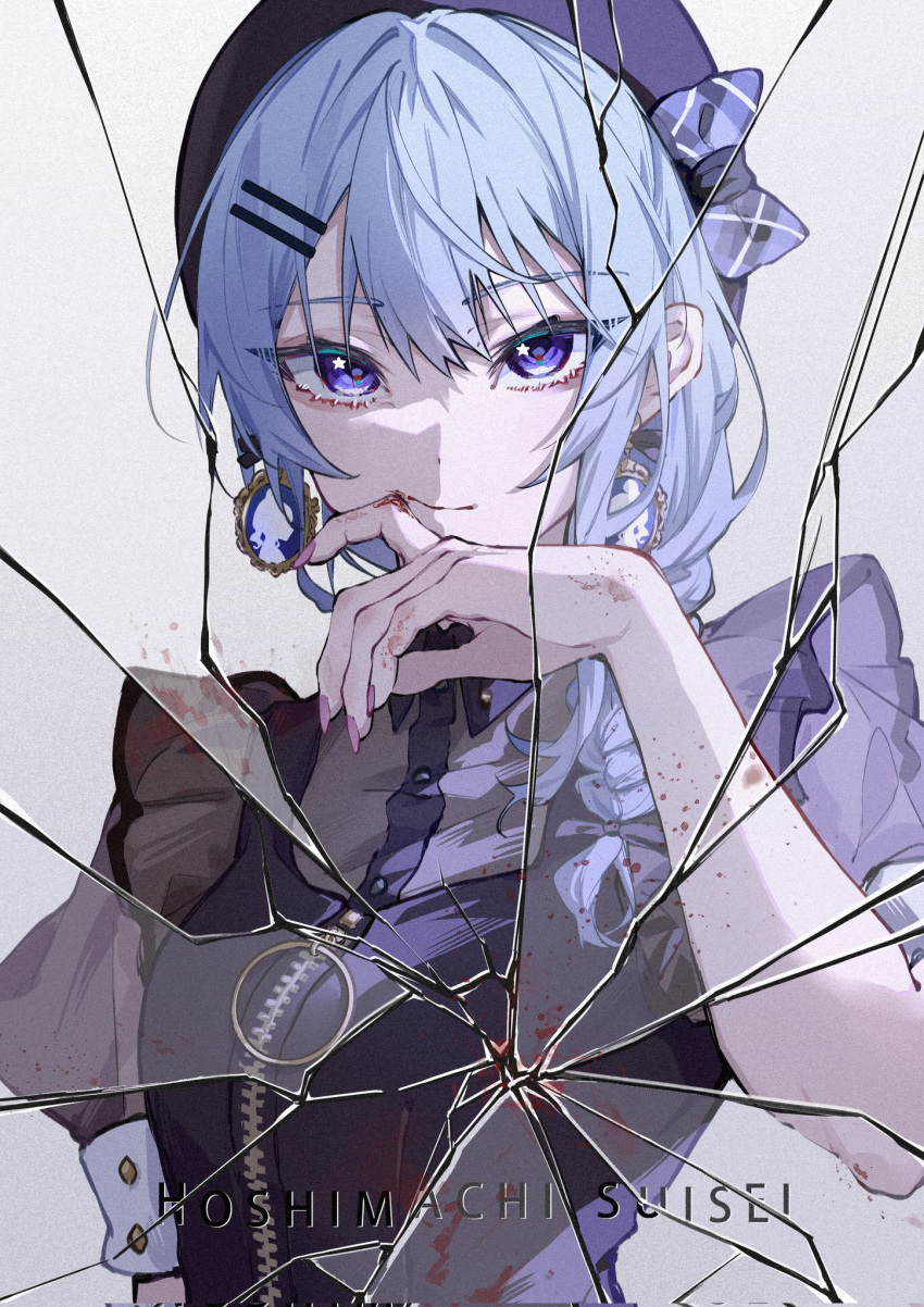 1girl beret blood blood_on_hands blood_stain blue_dress blue_eyes blue_hair blue_headwear bow braid character_name collared_shirt cracked_glass dress earrings expressionless frilled_shirt frills grey_shirt hair_between_eyes hair_ornament hairclip hat highres hololive hoshimachi_suisei jewelry juliet_sleeves light_blue_hair long_sleeves looking_at_viewer mirai99 pinafore_dress plaid plaid_bow puffy_sleeves shirt short_sleeves side_braid sidelocks sleeveless sleeveless_dress solo star_(symbol) star_in_eye swept_bangs symbol-shaped_pupils symbol_in_eye upper_body virtual_youtuber white_background wiping_mouth