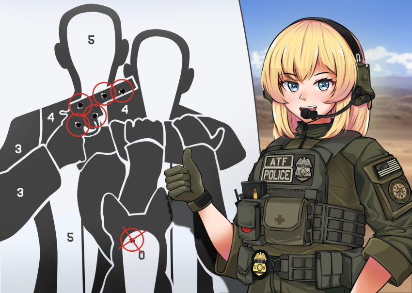 1girl :d american_flag atf badge blonde_hair blue_eyes bullet_hole commentary cross ear_protection english_commentary gloves green_gloves green_shirt jizi load_bearing_vest long_hair looking_at_viewer open_mouth original outdoors patch police police_badge police_uniform policewoman red_circle red_cross shirt shooting_range shoulder_patches sleeves_rolled_up smile solo teeth thumbs_up uniform united_states upper_teeth_only vest whiskey_(jizi)