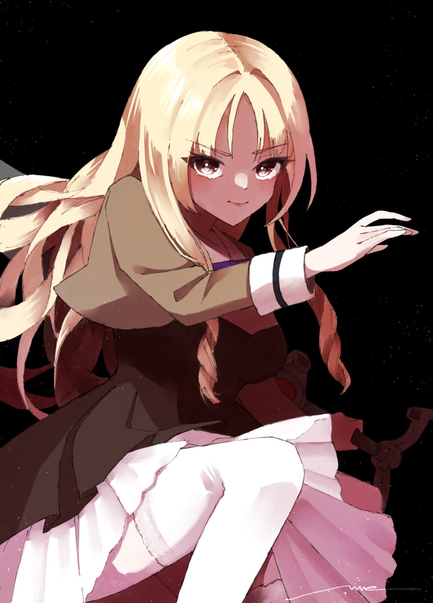 1girl amahara_nue arm_at_side artist_name assault_lily black_background blonde_hair breasts brown_dress brown_jacket closed_mouth commentary_request cropped_jacket dress drill_hair floating_hair frilled_dress frills hand_up highres holding holding_sword holding_weapon jacket knee_up layered_dress light_particles light_smile long_hair long_sleeves looking_at_viewer medium_breasts moroi_saho neck_ribbon pleated_dress purple_ribbon red_eyes reverse_grip ribbon school_uniform shirt sidelocks sign simple_background solo sword thigh-highs twin_drills very_long_hair weapon white_shirt white_thighhighs