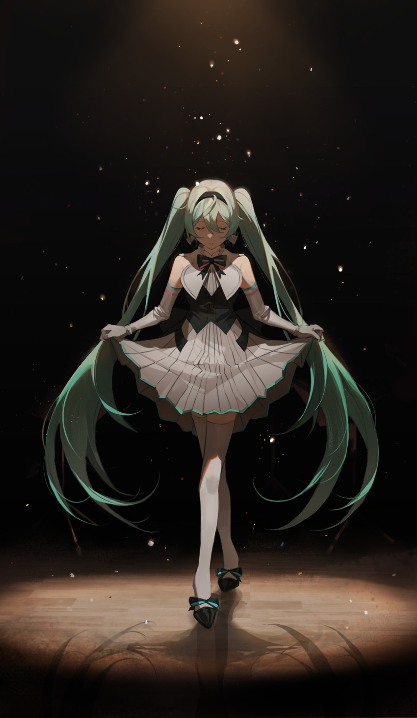1girl aqua_hair black_bow black_footwear black_hairband bow bowing commentary dress elbow_gloves english_commentary gloves hair_between_eyes hairband hatsune_miku high_heels highres long_hair miku_symphony_(vocaloid) one_eye_closed pleated_dress reflection reflective_floor solo thigh-highs twintails very_long_hair vocaloid white_dress white_gloves white_thighhighs wooden_floor yoru_yoru13