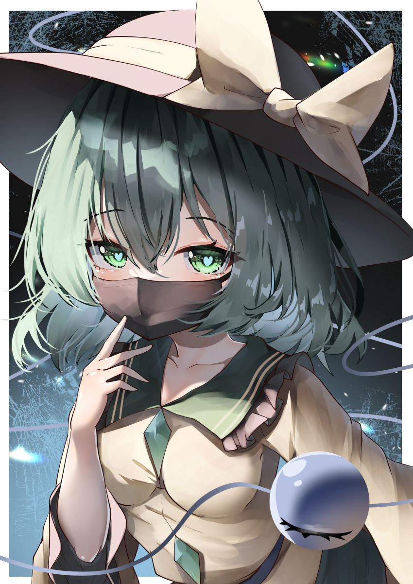 1girl absurdres black_mask blouse border bow collarbone commentary_request covered_mouth dfra frilled_shirt_collar frills green_eyes green_hair hair_between_eyes hat hat_bow heart heart-shaped_pupils highres komeiji_koishi large_bow looking_at_viewer mask medium_hair mouth_mask outside_border shirt solo symbol-shaped_pupils third_eye touhou upper_body white_border wide_sleeves yellow_bow yellow_shirt