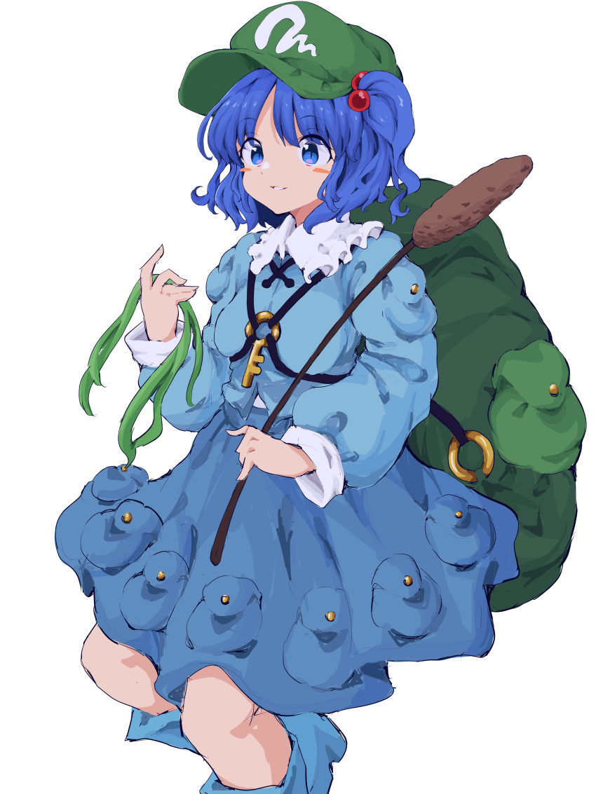 1girl absurdres backpack bag blue_eyes blue_hair blush_stickers boots cattail commentary_request flat_cap frilled_shirt_collar frills green_headwear hair_bobbles hair_ornament hat highres kawashiro_nitori key mugi_(mugimugi_9kv) plant pocket skirt skirt_set smile solo touhou two_side_up white_background