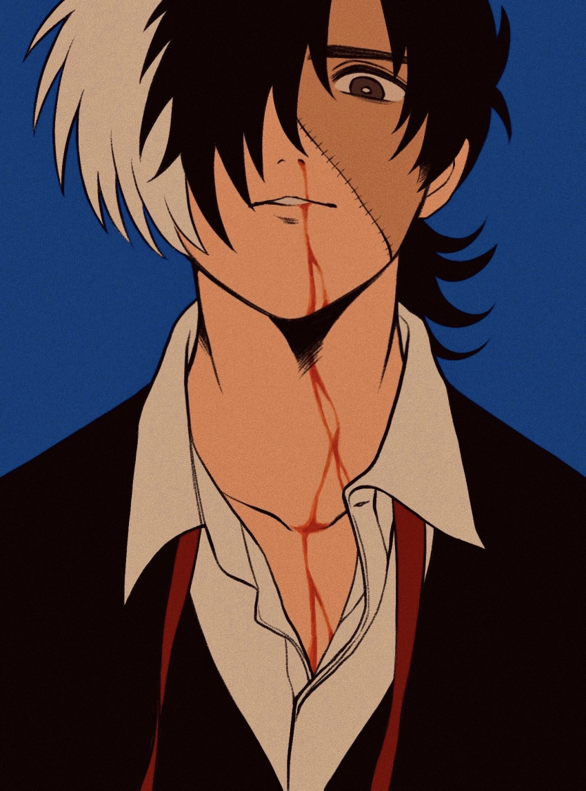 1boy ayacha black_hair black_jack_(character) black_jack_(series) blood blue_background bright_pupils brown_eyes collarbone collared_shirt film_grain hair_over_one_eye highres looking_at_viewer male_focus multicolored_hair neck_ribbon nosebleed open_clothes open_collar open_shirt parted_lips patchwork_skin red_ribbon ribbon shirt short_hair simple_background solo split-color_hair two-tone_hair undone_neck_ribbon upper_body white_hair white_pupils white_shirt