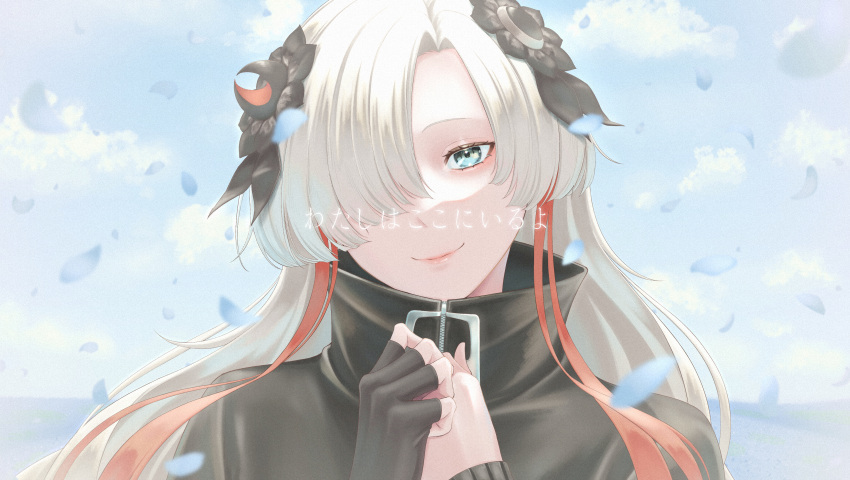 1girl absurdres black_coat black_flower black_gloves blue_eyes blue_petals blue_sky close-up clouds coat falling_petals fingerless_gloves flower gloves hair_flower hair_ornament hair_over_one_eye highres isekai_joucho kamitsubaki_studio long_hair looking_at_viewer lyrics multicolored_hair outdoors own_hands_together petals redhead single_fingerless_glove sky smile solo two-tone_hair virtual_youtuber white_hair zudxpnz