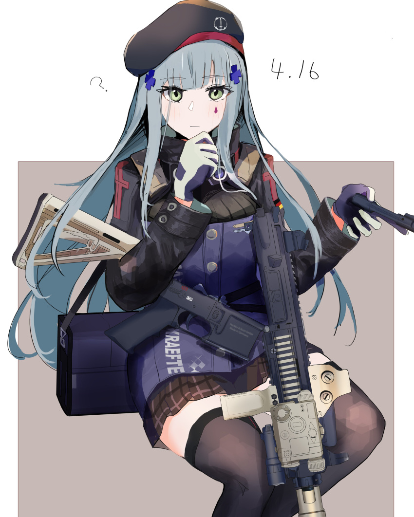 1girl 416_day ? absurdres assault_rifle beret black_headwear blush commentary_request dated disassembly facial_mark girls_frontline gloves green_eyes grey_hair gun h&amp;k_hk416 hair_ornament hand_on_own_chin hat highres hk416_(girls'_frontline) holding jacket long_hair looking_at_viewer pleated_skirt reraise rifle sidelocks simple_background skirt solo straight-on thigh-highs weapon