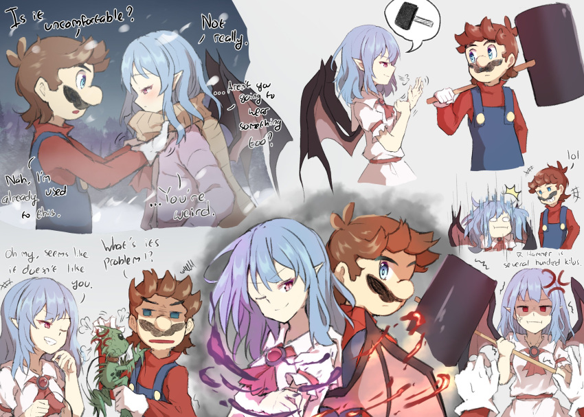 1boy 1girl anger_vein ascot bat_wings blue_eyes blue_hair blue_overalls brown_hair closed_mouth commentary creature english_commentary english_text facial_hair gloves hammer highres holding holding_creature holding_hammer mario multiple_views mustache no_headwear overalls pointy_ears red_ascot red_eyes remilia_scarlet ruu_(ruigi12) scarf short_hair snowing super_mario_bros. touhou white_gloves wings winter_clothes yellow_scarf