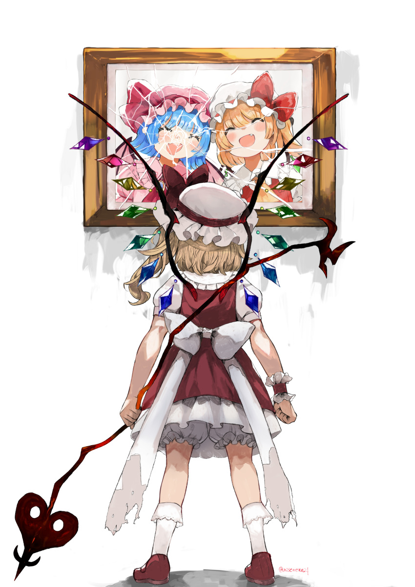 1girl :d absurdres back_bow blonde_hair blush bobby_socks bow cracked_glass crystal facing_away fang flandre_scarlet full_body happy hat hat_bow highres holding holding_weapon laevatein_(touhou) legs_apart mob_cap niseneko_(mofumofu_ga_ienai) one_side_up picture_frame puffy_short_sleeves puffy_sleeves red_bow red_vest remilia_scarlet short_sleeves skirt skirt_set smile socks solo standing touhou vest wall weapon wings wrist_cuffs