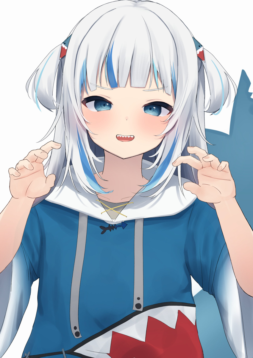 1girl :d absurdres blue_eyes blue_hair blue_hoodie blunt_bangs blush claw_pose commentary embarrassed fingernails fins fish_tail gawr_gura grey_hair hair_ornament highres hololive hololive_english hood hood_down hoodie long_hair long_sleeves looking_at_viewer multicolored_hair shark_girl shark_hair_ornament shark_tail sharp_teeth sleeves_rolled_up smile solo streaked_hair tail takku_(t_oekakidaisuki) teeth two_side_up upper_body upper_teeth_only virtual_youtuber w_arms wide_sleeves