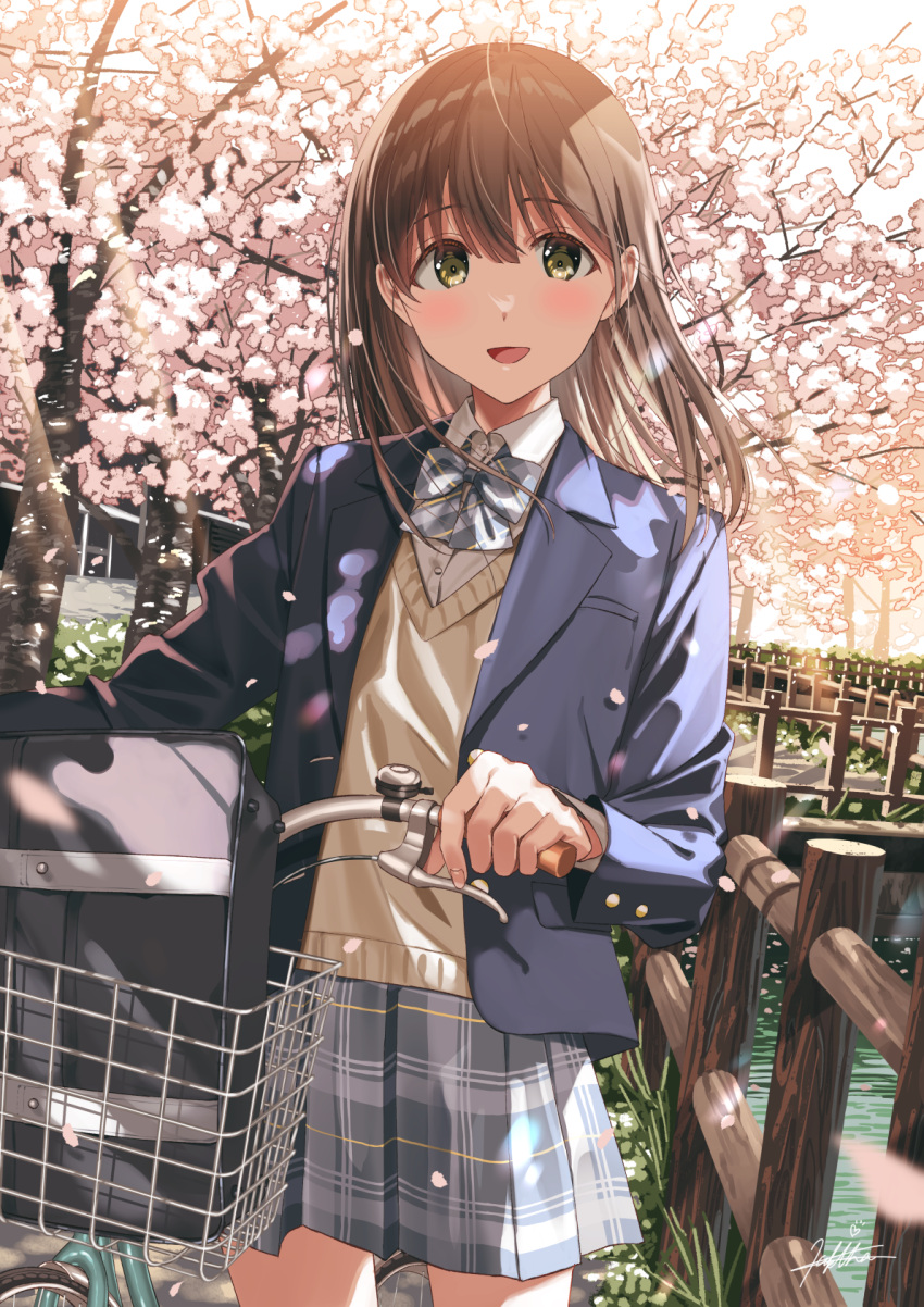 1girl :d bag bicycle bicycle_basket blazer blue_bow blue_bowtie blue_jacket blush bow bowtie brown_hair canal cherry_blossoms collared_shirt commentary_request cowboy_shot day dress_shirt falling_petals grey_skirt ground_vehicle hair_between_eyes heart highres jacket kukiha lapels leaf light_blush long_hair long_sleeves looking_at_viewer notched_lapels open_mouth original outdoors petals plaid plaid_skirt pleated_skirt railing school_bag shirt signature skirt smile solo sweater_vest tree uniform white_shirt wing_collar wooden_railing yellow_eyes