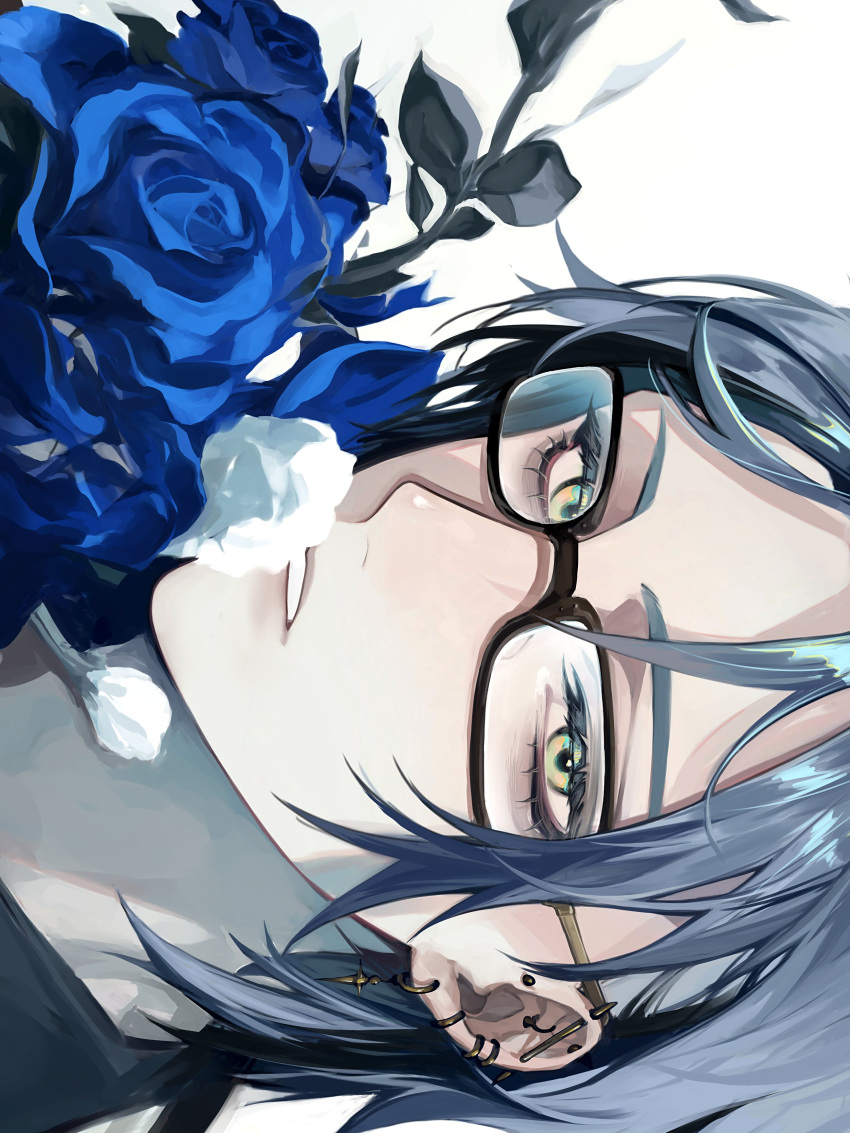 1boy absurdres black_hair blue_flower blue_hair commentary flower glasses green_eyes hex_haywire highres kyoma_(yuhi) male_focus multicolored_hair nijisanji nijisanji_en parted_lips solo streaked_hair symbol-only_commentary virtual_youtuber white_flower