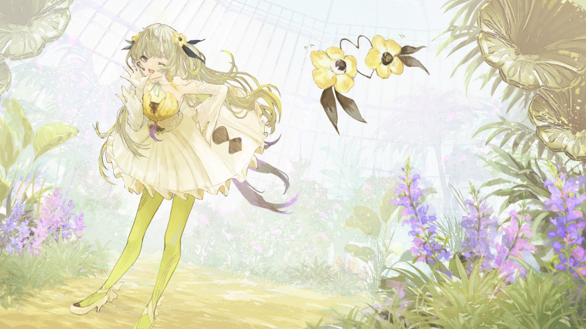 1girl absurdres bare_shoulders blonde_hair botanical_garden creature detached_sleeves dress familiar flower full_body garden gloves grass green_pantyhose grey_eyes grey_hair hair_flower hair_ornament headset heart highres isekai_joucho kamitsubaki_studio leaning_forward long_hair momo_(tou_gen_kyo) multicolored_clothes multicolored_dress multicolored_hair one_eye_closed open_mouth pantyhose sleeveless sleeveless_dress smile two-tone_hair virtual_youtuber white_footwear white_gloves