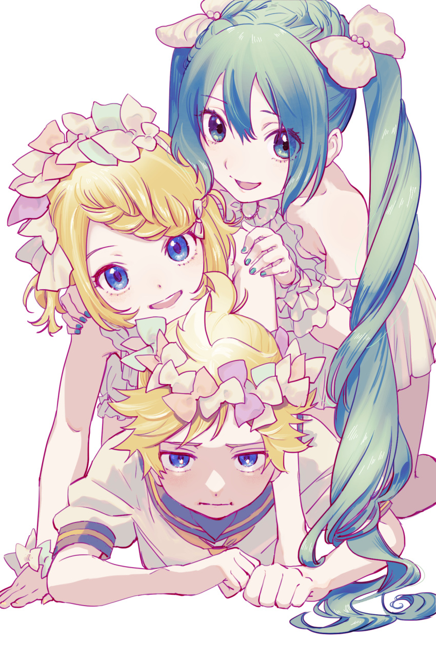 1boy 2girls :i ahoge annoyed aqua_eyes aqua_hair bare_arms bare_shoulders blonde_hair blue_eyes bow braid braided_bangs curly_hair dress frilled_dress frills green_hair hair_between_eyes hair_bow hair_ornament hairband hairclip half-closed_eyes hatsune_miku highres jitome kagamine_len kagamine_rin leaning_on_person looking_at_viewer lying lying_on_person multiple_girls naimaze_atakamo on_stomach open_mouth sailor_collar sailor_shirt scrunchie shirt short_ponytail short_sleeves sleeveless sleeveless_dress smile twintails vocaloid white_dress wrist_cuffs wrist_scrunchie
