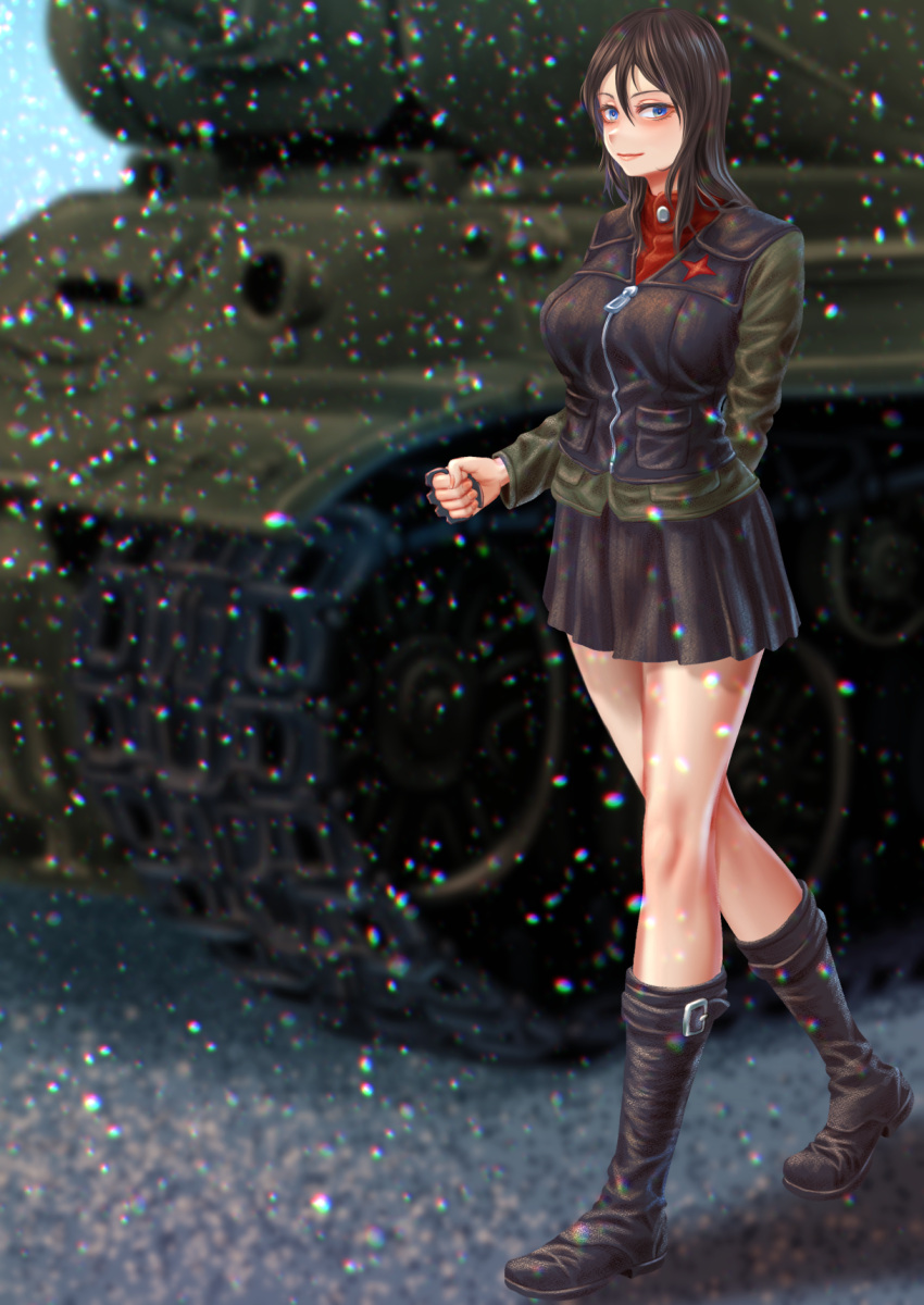 1girl arm_behind_back black_footwear black_hair black_skirt black_vest blue_eyes blurry blurry_background boots brass_knuckles closed_mouth girls_und_panzer green_jacket highres jacket long_hair long_sleeves looking_at_viewer military military_uniform military_vehicle miniskirt motor_vehicle nonna_(girls_und_panzer) outdoors pleated_skirt pravda_military_uniform red_shirt shirt skirt smile snowing solo standing t-34 tank tigern_(tigern28502735) turtleneck uniform vest walking weapon