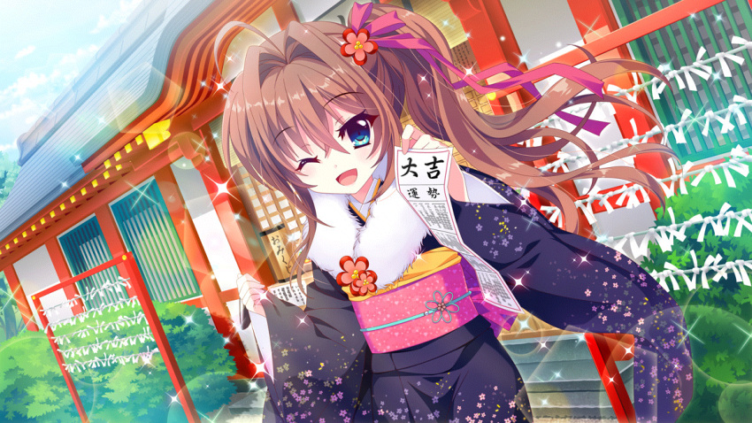 1girl ahoge architecture blue_eyes blue_kimono blue_sky brown_hair building bush clouds day dot_nose dutch_angle east_asian_architecture film_grain floral_print flower furisode game_cg hair_flower hair_intakes hair_ornament high_ponytail holding izumi_tsubasu japanese_clothes kimono long_hair non-web_source official_art ofuda one_eye_closed outdoors paper pink_ribbon pink_sash re:stage! ribbon sash shikimiya_aone side_ponytail sky smile solo sparkle stairs window