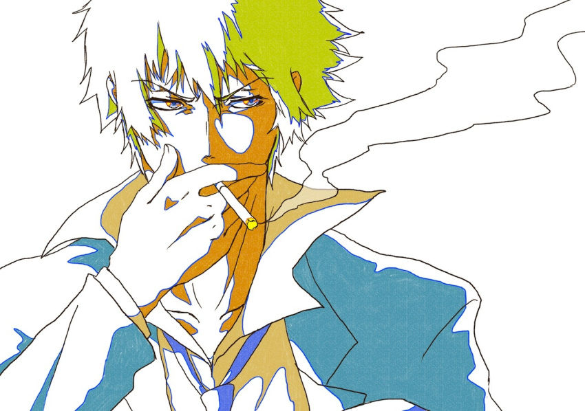 1boy blue_eyes blue_jacket blue_necktie cel_shading chama_kou cigarette collared_shirt commentary_request covered_mouth green_hair hair_between_eyes hand_up holding holding_cigarette jacket kougami_shin'ya lapels layered_sleeves limited_palette long_sleeves looking_to_the_side loose_necktie male_focus necktie notched_lapels partially_colored popped_collar psycho-pass shirt short_hair sideways_glance simple_background smoke smoking solo upper_body white_background
