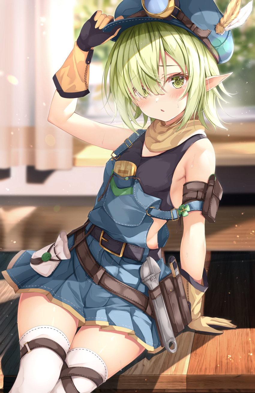 1girl absurdres aoi_(princess_connect!) arm_up belt black_belt blue_headwear blue_overalls blurry blurry_background blush boxcutter cabbie_hat curtains elf feathers gloves green_eyes green_hair hair_over_one_eye hat highres looking_at_viewer overall_skirt overalls pointy_ears princess_connect! rumiko_(rmeco) short_hair sitting skirt sleeveless solo suspenders suspenders_slip thigh-highs white_thighhighs wrench