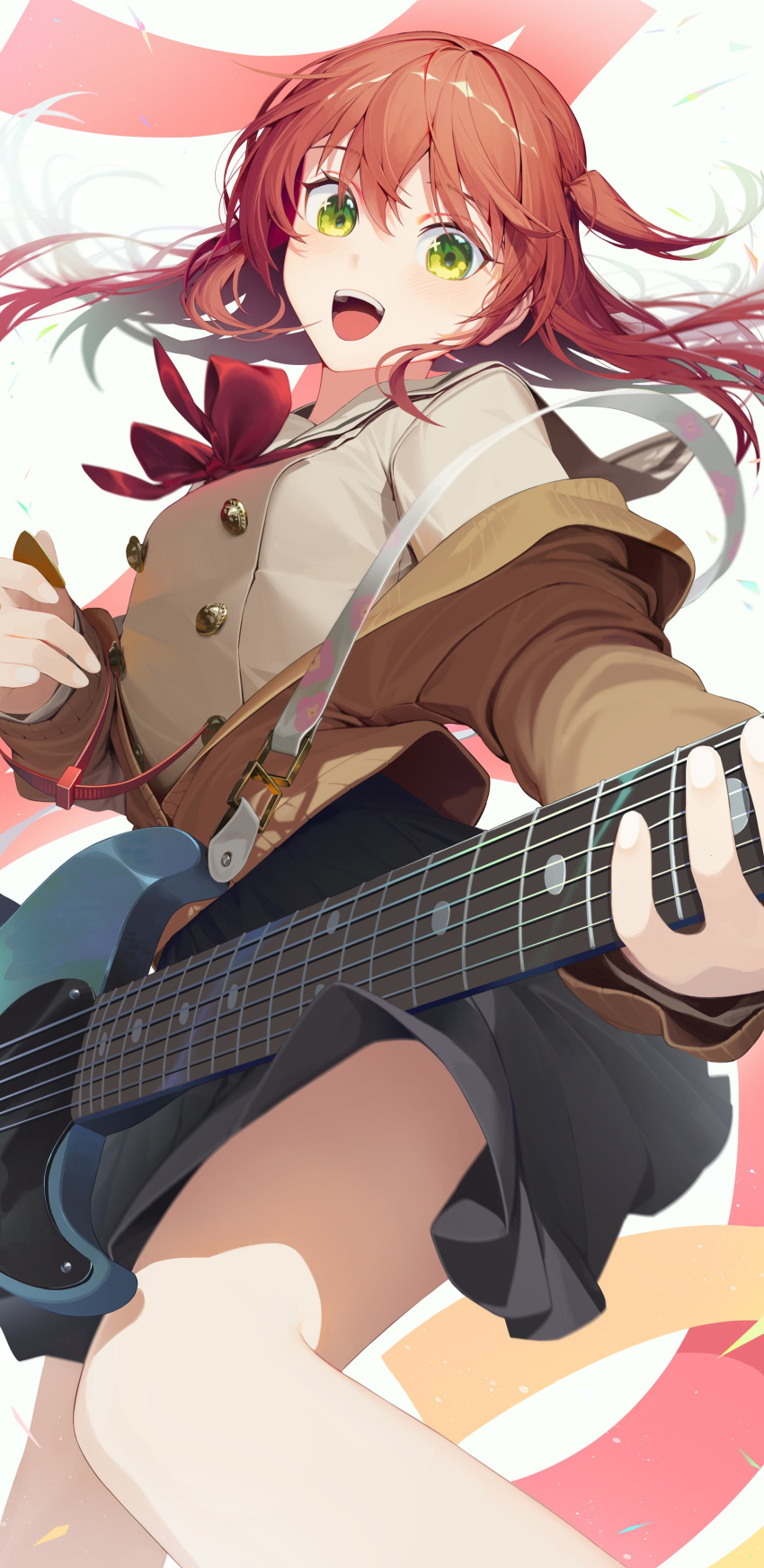 absurdres bocchi_the_rock! electric_guitar green_eyes guitar highres holding holding_instrument instrument jacket kita_ikuyo long_hair mincho off_shoulder one_side_up open_clothes open_jacket open_mouth plectrum redhead school_uniform shuka_high_school_uniform smile