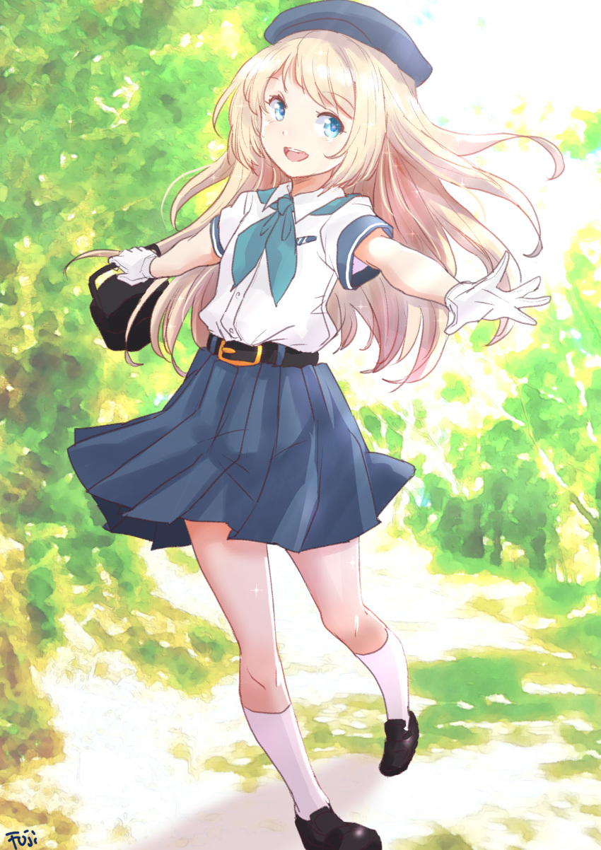 1girl belt beret black_footwear blonde_hair blue_eyes blue_headwear blue_neckerchief blue_skirt collared_shirt commentary_request cosplay dress_shirt fuji_(pixiv24804665) full_body hat highres janus_(kancolle) janus_(kancolle)_(cosplay) jervis_(kancolle) kantai_collection loafers long_hair lunch_box neckerchief open_mouth outstretched_arms pleated_skirt round_teeth shirt shoes skirt smile socks solo teeth upper_teeth_only white_shirt white_socks