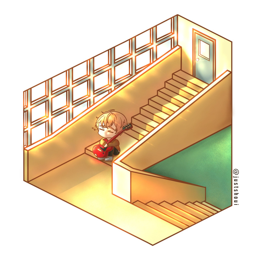 1boy cardigan chibi closed_eyes door given guitar highres holding holding_instrument instrument interior isometric no_mouth redhead satou_mafuyu sitting sitting_on_stairs sleeping solo stairs tagme white_footwear window