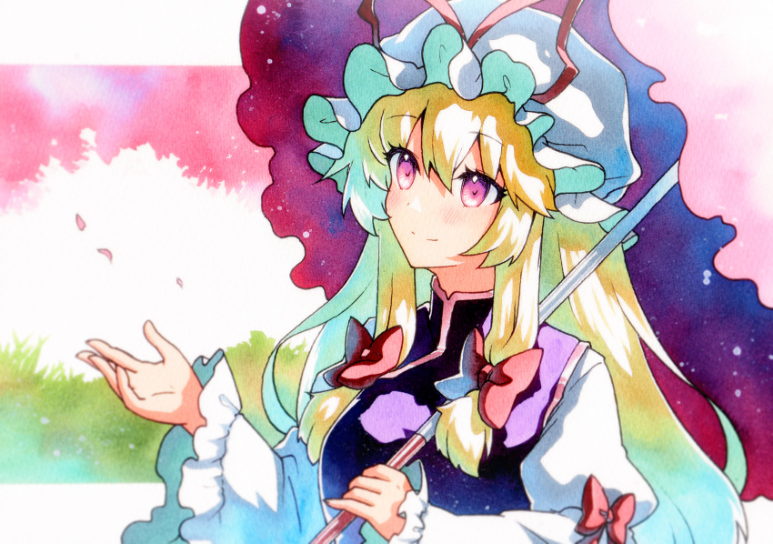 1girl blonde_hair closed_mouth commentary_request dress frilled_sleeves frills hand_up hat hat_ribbon highres holding holding_umbrella long_hair long_sleeves mob_cap parasol purple_tabard qqqrinkappp red_ribbon ribbon smile solo tabard touhou traditional_media umbrella upper_body white_dress white_headwear wide_sleeves yakumo_yukari