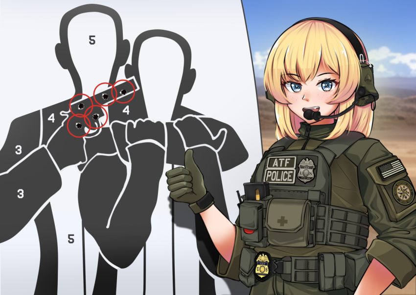 1girl :d american_flag atf badge blonde_hair blue_eyes bullet_hole commentary cross ear_protection english_commentary gloves green_gloves green_shirt jizi load_bearing_vest long_hair looking_at_viewer open_mouth original outdoors patch police police_badge police_uniform policewoman red_circle red_cross shirt shooting_range shoulder_patches sleeves_rolled_up smile solo teeth thumbs_up uniform united_states upper_teeth_only vest whiskey_(jizi)