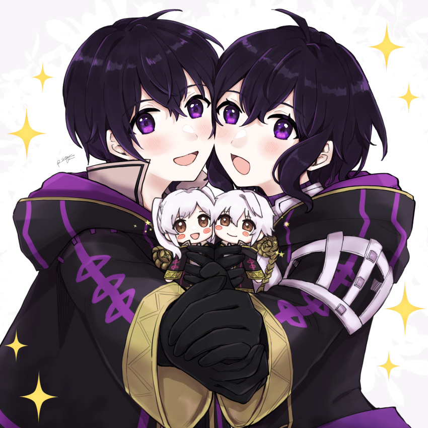 2boys 2girls :d absurdres ahoge black_gloves black_hair chibi chibi_inset father_and_daughter fire_emblem fire_emblem_awakening fire_emblem_heroes gloves highres hood jacket long_sleeves looking_at_viewer misato_hao morgan_(female)_(fire_emblem) morgan_(fire_emblem) morgan_(male)_(fire_emblem) mother_and_son multiple_boys multiple_girls open_mouth robin_(female)_(fire_emblem) robin_(fire_emblem) robin_(male)_(fire_emblem) short_hair signature smile violet_eyes