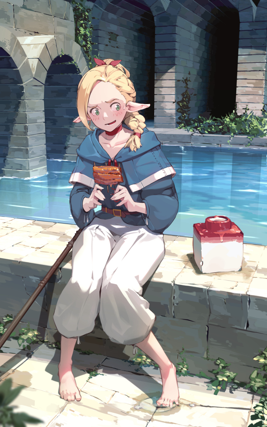 1girl barefoot blonde_hair blue_capelet blue_sweater blush boned_meat braid braided_ponytail brown_pants canal capelet choker collarbone culottes dungeon_meshi elf flat_chest food forehead full_body green_eyes hair_ribbon highres holding holding_food hood hood_down hooded_capelet jar knees_together_feet_apart long_hair marcille meat on_wall pants pointy_ears red_choker red_ribbon ribbon seuhyo99 sitting sitting_on_wall solo staff sweatdrop sweater toes white_pants