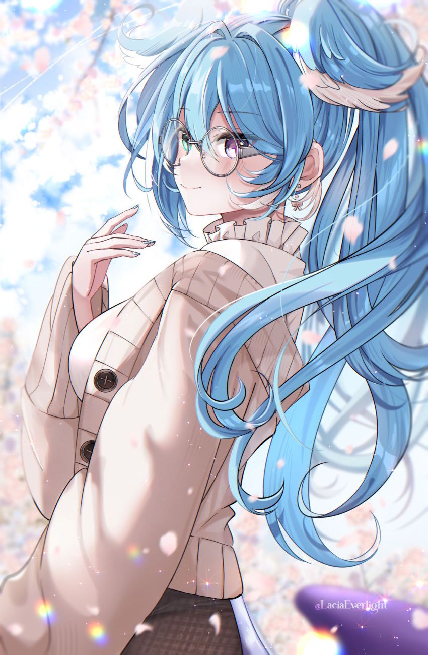 1girl blue_eyes blue_hair blue_nails blue_wings bow bow_earrings breasts brown_cardigan brown_skirt cardigan checkered_clothes checkered_skirt closed_mouth collar earrings elira_pendora frilled_collar frills from_side glasses hair_between_eyes head_wings hetero high_ponytail highres jewelry lacia_everlight long_hair long_sleeves looking_to_the_side multicolored_hair nail_polish nijisanji nijisanji_en official_alternate_costume open_cardigan open_clothes round_eyewear skirt solo sweater violet_eyes virtual_youtuber white_hair white_sweater wings