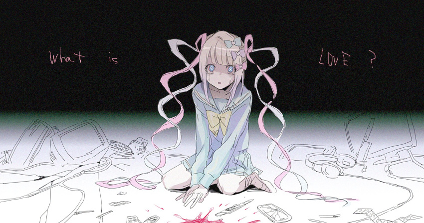1girl blood blood_stain blue_bow blue_eyes blue_hair bow boxcutter cable cellphone chouzetsusaikawa_tenshi-chan cracked_screen crying crying_with_eyes_open english_text expressionless film_grain full_body grey_hair hair_bow headphones highres knife lktt long_hair long_sleeves looking_at_viewer monitor multicolored_hair multiple_hair_bows muted_color needy_girl_overdose parted_lips phone pink_hair pleated_skirt purple_bow quad_tails sailor_collar school_uniform serafuku sitting sketch skirt smartphone solo tears two-tone_background v_arms very_long_hair yellow_bow