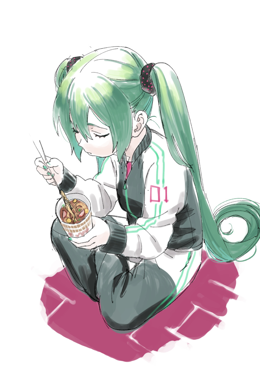 1girl aqua_hair aqua_nails blowing_on_food chopsticks closed_eyes green_hair green_nails grey_pants hair_ornament hair_scrunchie hatsune_miku highres indian_style jacket long_hair looking_down naimaze_atakamo number_print pants ramen scrunchie sitting solo striped track_jacket track_pants track_suit twintails vertical_stripes very_long_hair vocaloid