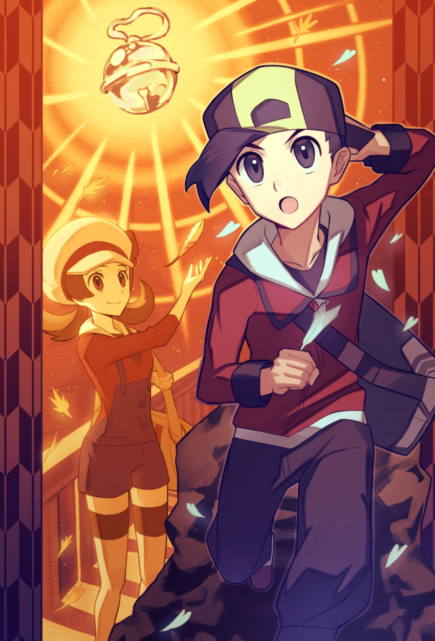 1boy 1girl :o backpack backwards_hat bag bell brown_hair clenched_hand closed_mouth commentary_request ethan_(pokemon) falling_leaves feathers flipped_hair hand_up hat highres holding jacket leaf long_hair long_sleeves lyra_(pokemon) natupath_summer open_mouth overalls pants pokemon pokemon_(game) pokemon_hgss red_jacket red_shirt shirt smile thigh-highs twintails