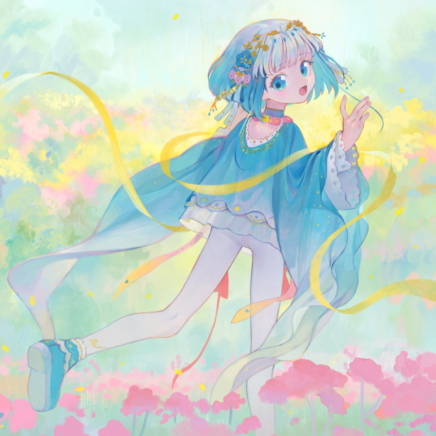 1girl :d abstract_background blue_choker blue_eyes blue_footwear blue_hair blue_shirt choker field flower flower_field frilled_shirt frills from_behind gradient_hair hair_flower hair_ornament highres kaede_(shijie_heping) layered_shirt long_sleeves looking_back multicolored_hair open_mouth original pantyhose ribbon shirt short_hair smile solo standing standing_on_one_leg turning_head white_hair white_pantyhose wide_sleeves yellow_ribbon
