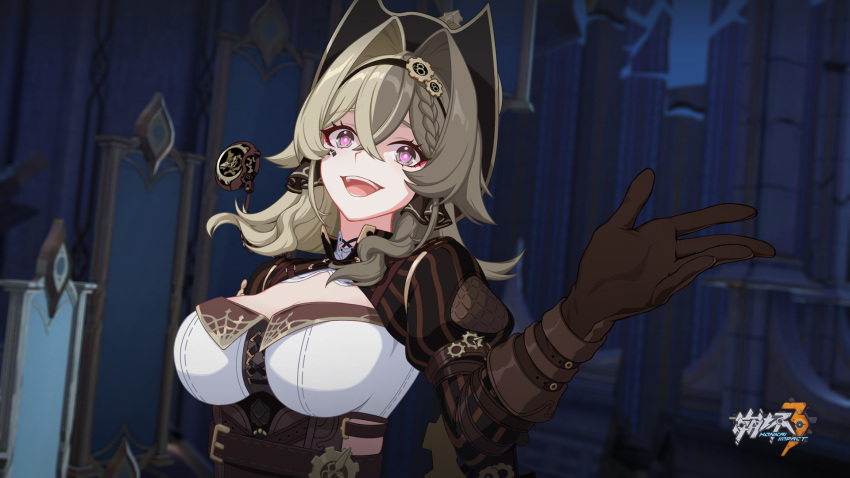 1girl belt braid breasts brown_gloves brown_sleeves chinese_commentary evil_smile gears gloves hat highres honkai_(series) honkai_impact_3rd indoors large_breasts logo medium_hair official_art official_wallpaper open_hand open_mouth smile solo teeth upper_body vill-v