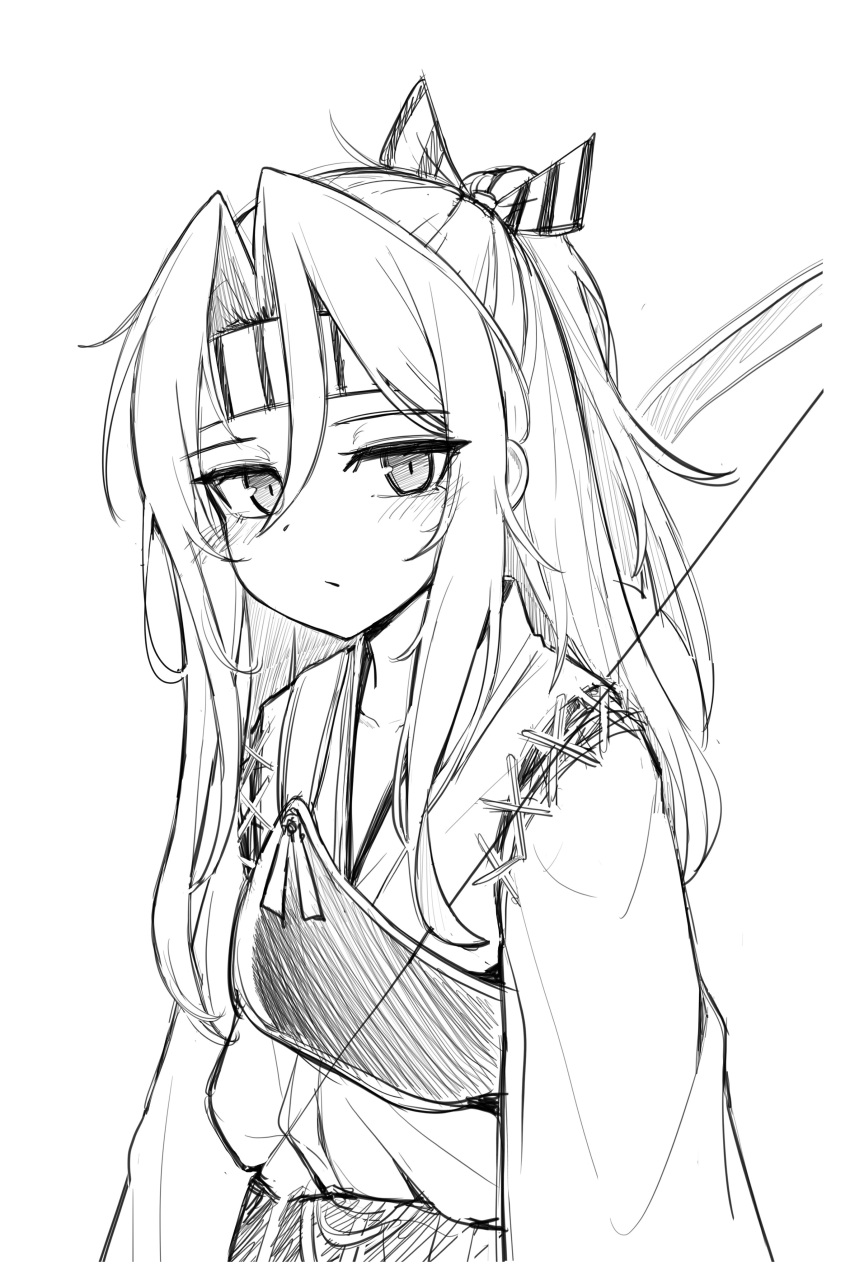 1girl absurdres bow_(weapon) di_le_to hachimaki hair_between_eyes headband high_ponytail highres japanese_clothes kantai_collection long_hair long_sleeves monochrome muneate ponytail sketch solo weapon white_background zuihou_(kancolle)