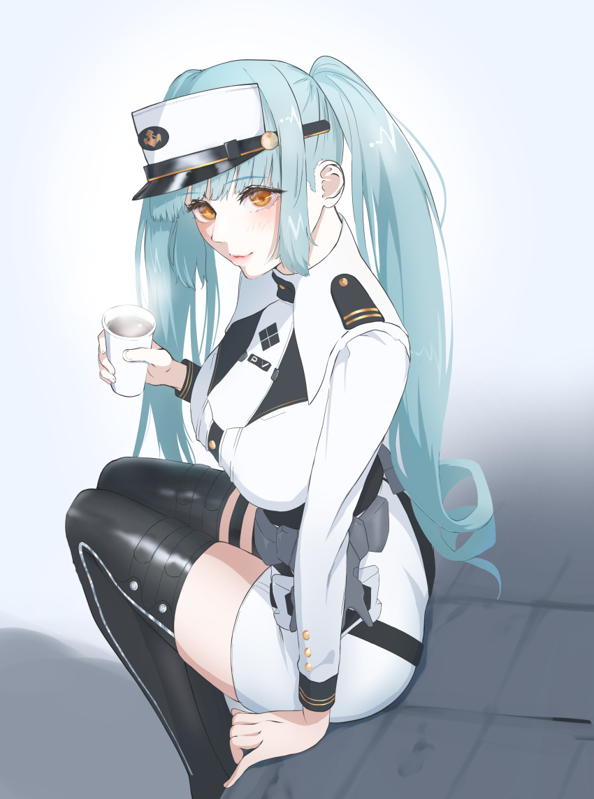 1girl absurdres belt black_belt black_footwear blue_hair blush boots breasts coffee goddess_of_victory:_nikke hair_between_eyes hat highres holster holstered long_hair long_sleeves military military_hat military_uniform peaked_cap privaty_(nikke) runao_noire sidelocks teeth thigh_boots thigh_holster twintails uniform upper_teeth_only very_long_hair white_background white_headwear yellow_eyes